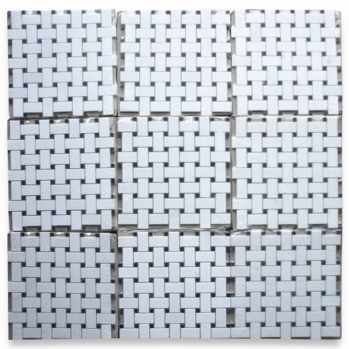 Thassos White Marble with Nero Marquina Dots Weave - Hey Tiles