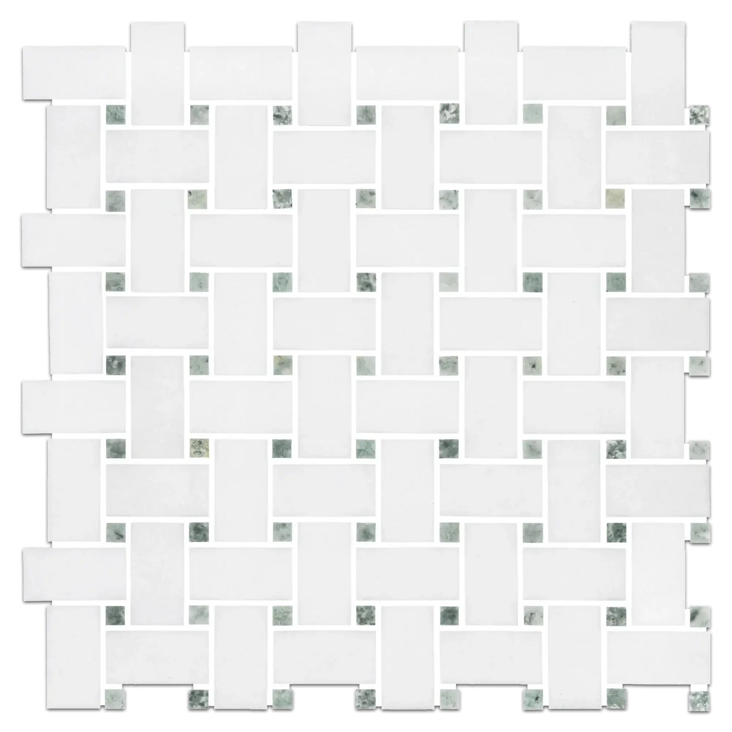 Thassos White + Ming Green Dots Marble Basketweave Mosaic Tile - Hey Tiles