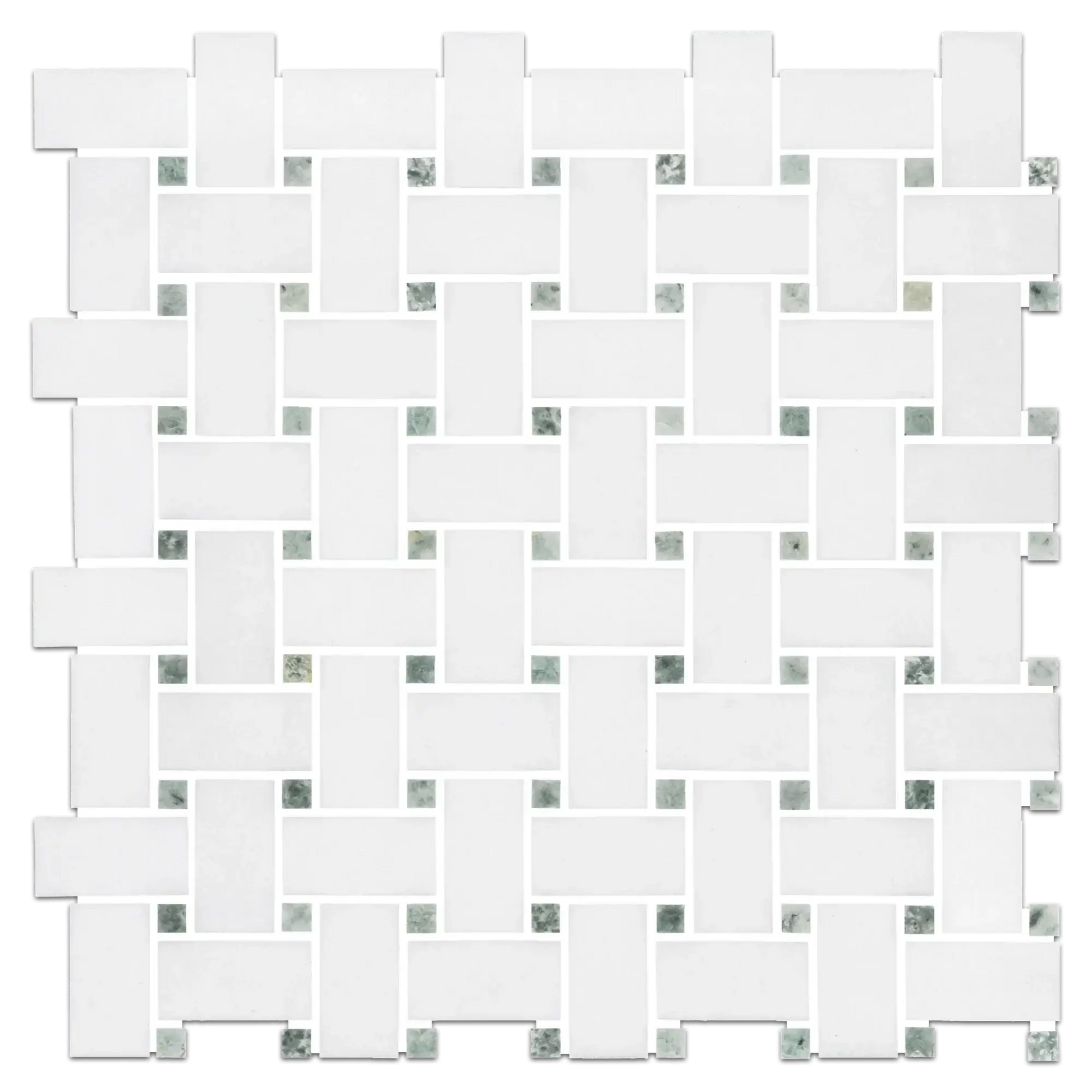 Thassos White + Ming Green Dots Marble Basketweave Mosaic Tile - Hey Tiles