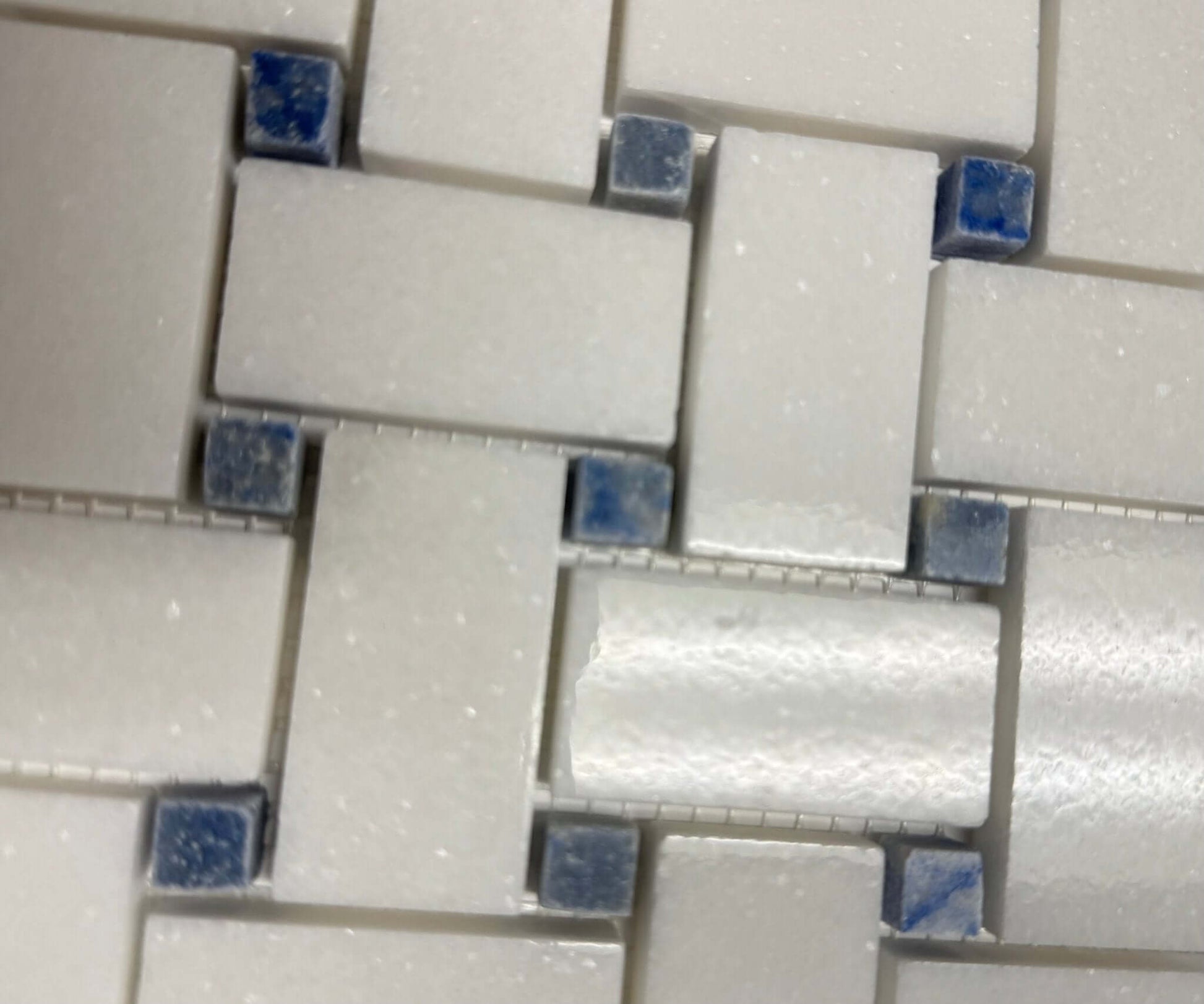 Thassos White with Blue Dots BasketWeave 12x12 Polished Marble Mosaic Tile - Hey Tiles