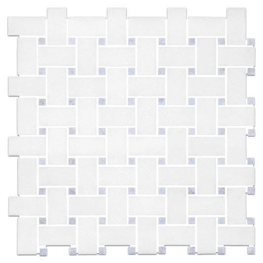 Thassos White with Blue Dots BasketWeave 12x12 Polished Marble Mosaic Tile - Hey Tiles
