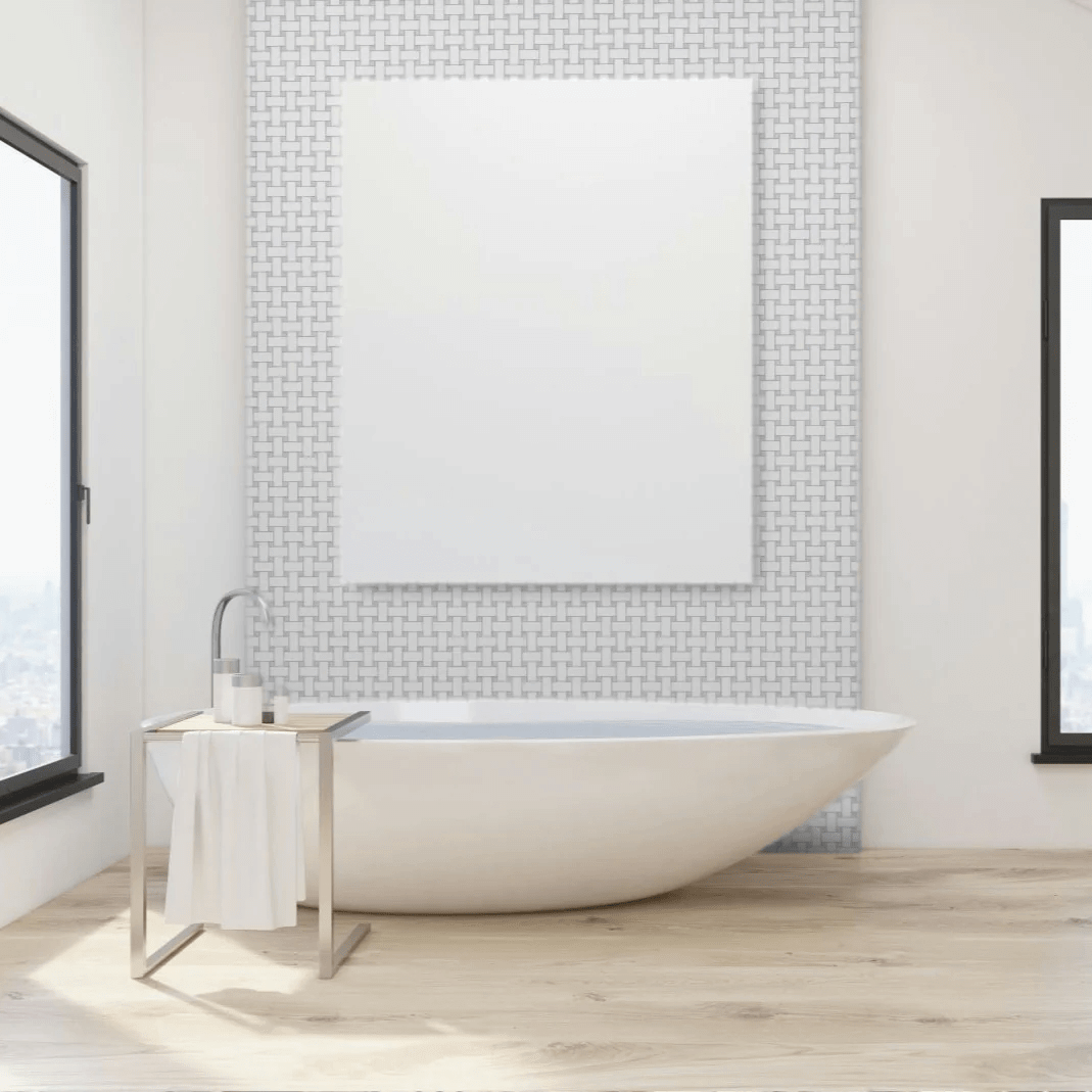 Thassos White with Blue Dots BasketWeave 12x12 Polished Marble Mosaic Tile - Hey Tiles
