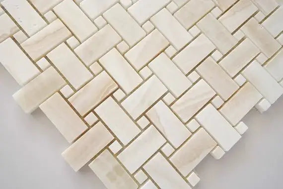 White Onyx Basketweave Mosaic Cross - Cut w/ White Onyx Dots Polished - Hey Tiles