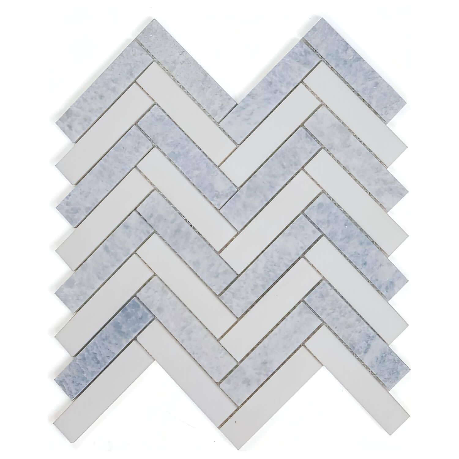 1x3 Thassos White + Cielo Blue Herringbone Polished - Hey Tiles