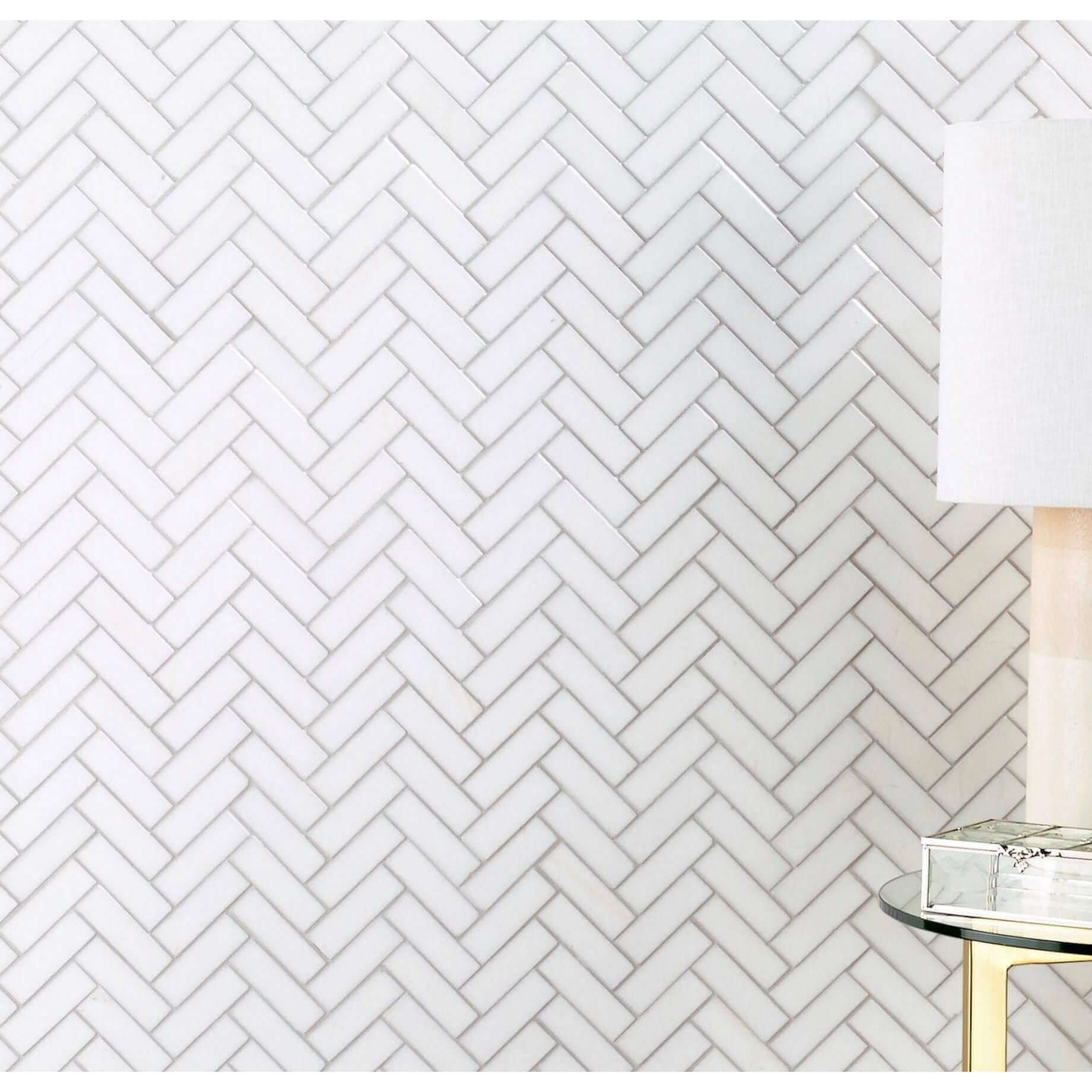 1x3 Thassos White Marble Herringbone Mosaic Tile - Hey Tiles