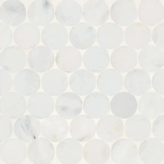 2” Monet Honed Marble Mosaic 10 Tile in Oriental White Penny Round - Hey Tiles