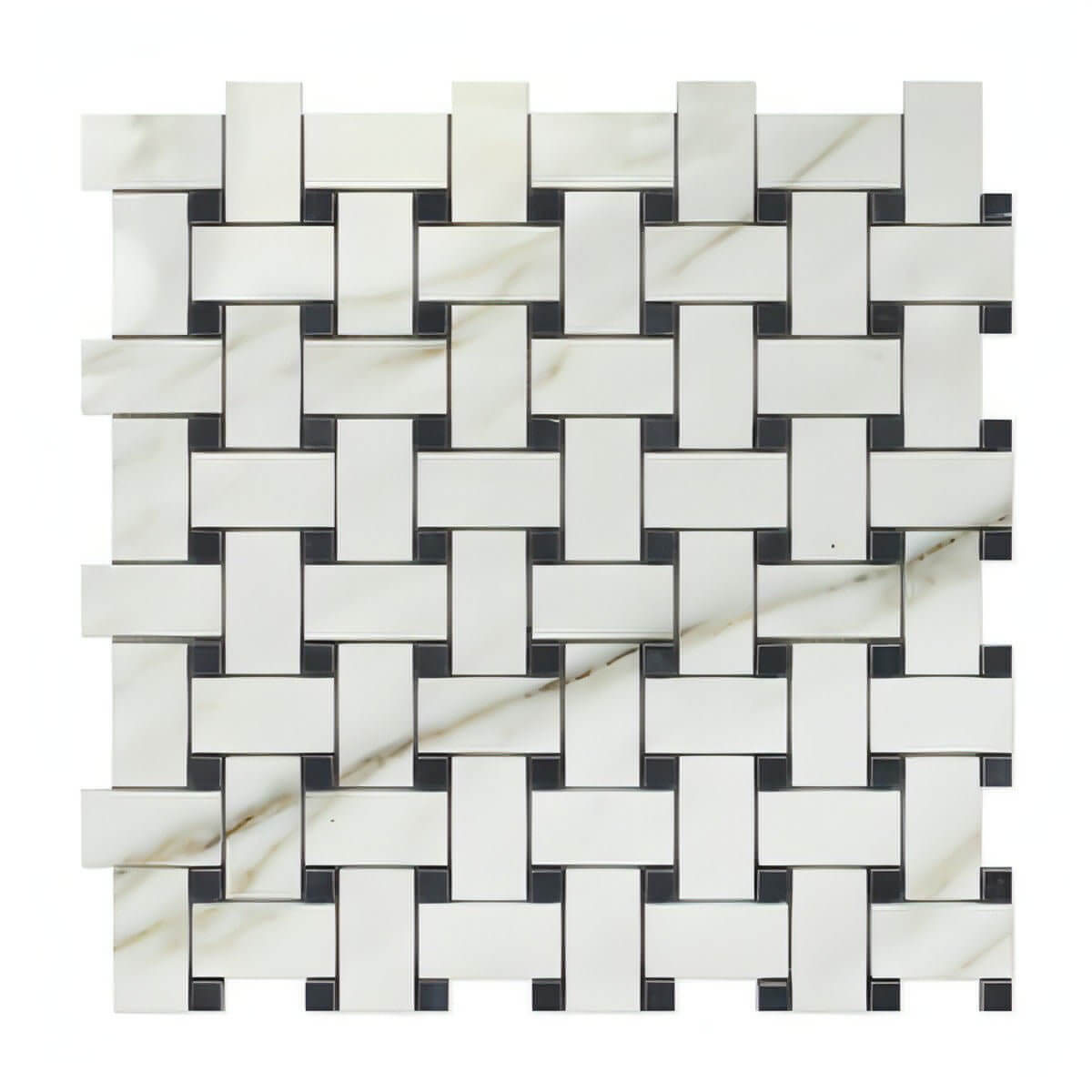 Calacatta Gold Marble Basketweave Mosaic Tile W/ Black Dots - Hey Tiles