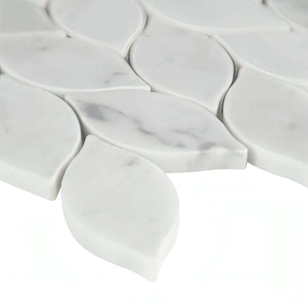 Carrara White Blanco Pattern Honed Marble Mosaic Leaf Pattern 11.62 x13.38 - Hey Tiles