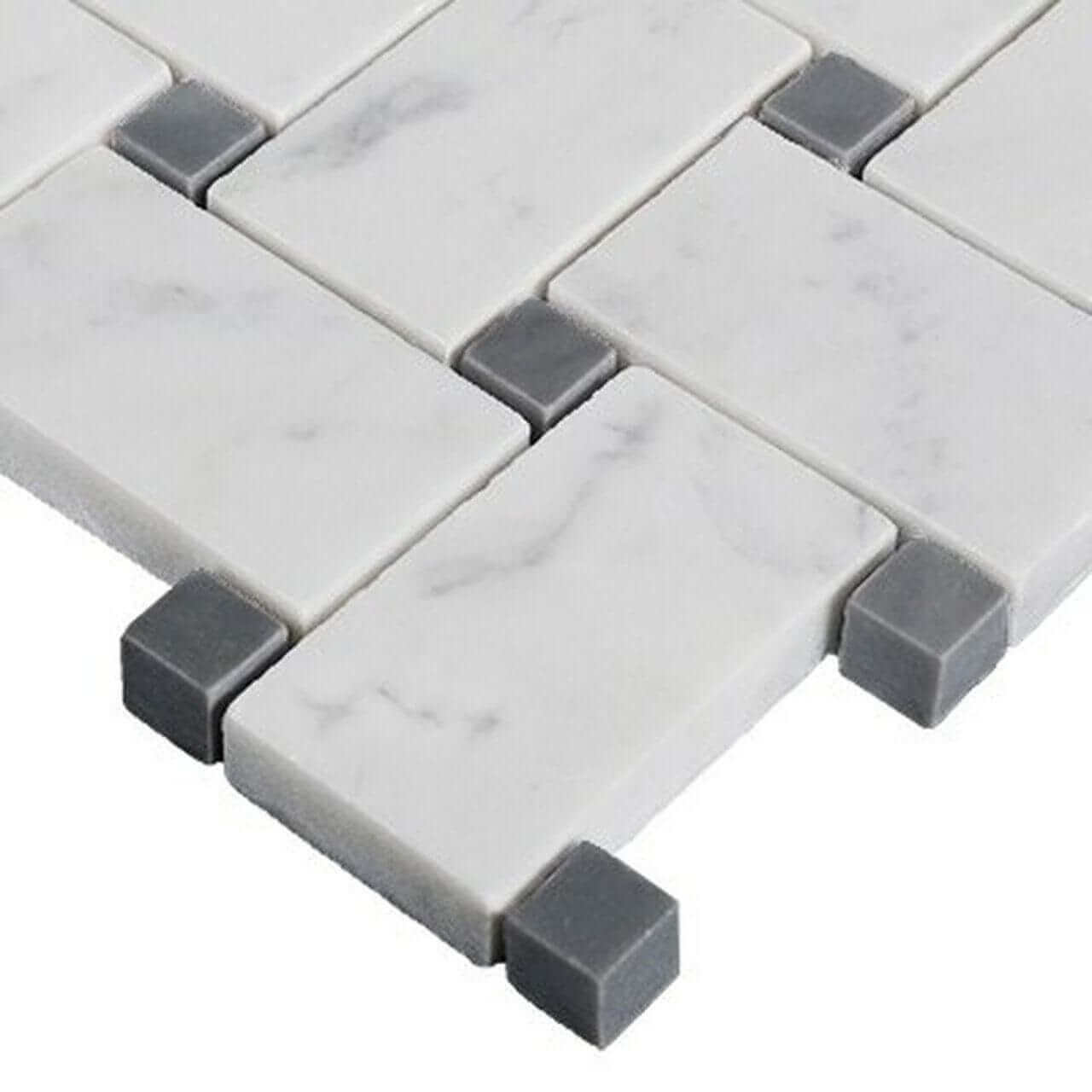 Carrara White Marble Honed Basketweave Mosaic Tile W/ Blue - gray Dots - Hey Tiles