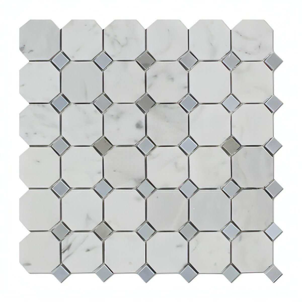 Carrara White Marble Octagon Mosaic Tile W/ Blue - gray Dots - Hey Tiles