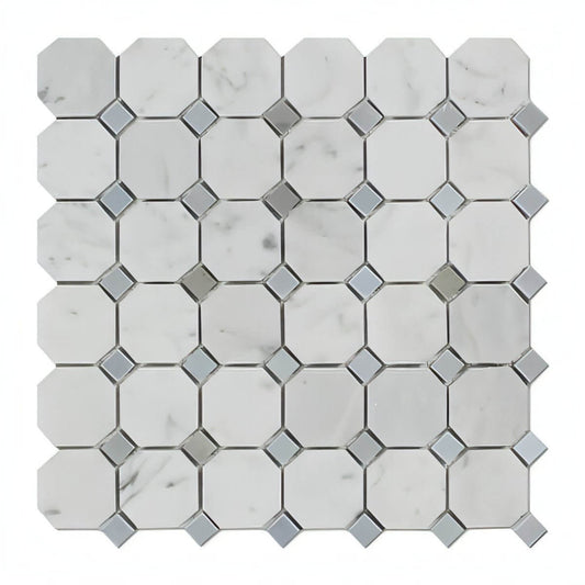 Carrara White Marble Octagon Mosaic Tile W/ Blue - gray Dots - Hey Tiles
