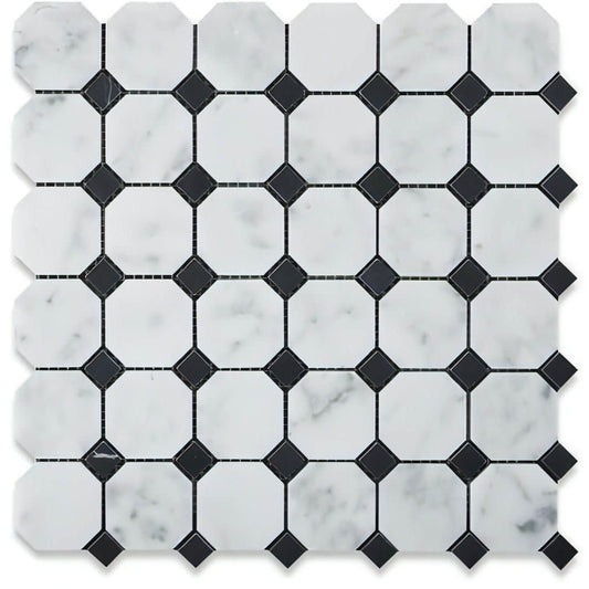 Carrara White Marble Octagon / Nero Marquina Dots - Hey Tiles