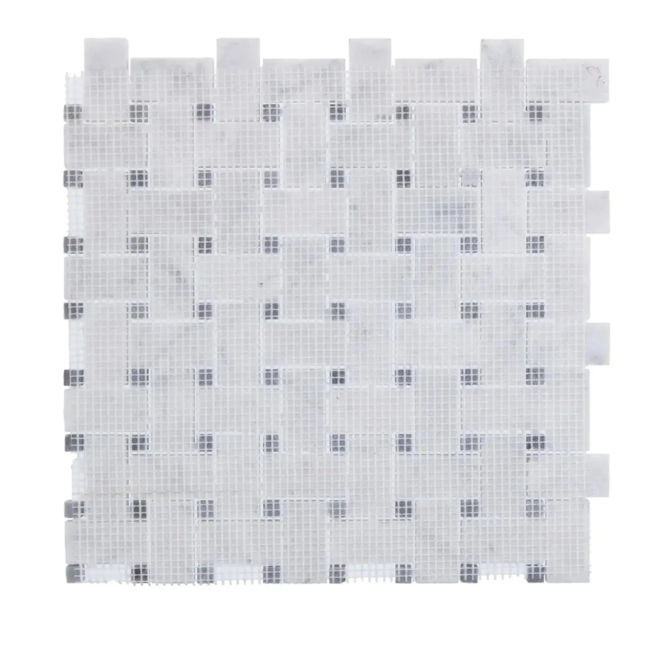 Carrara White Marble Polished Basketweave Mosaic Tile W/ Blue - gray Dots - Hey Tiles