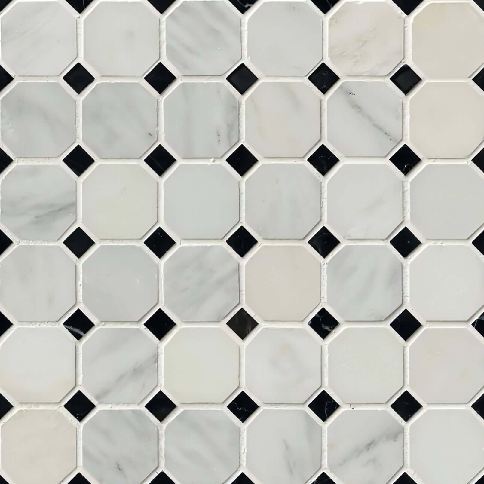 Greecian White 2” Octagon with Black 5/8x5/8 Polished 12x12 - Hey Tiles