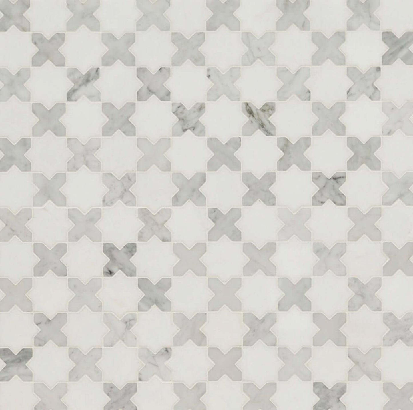 Thassos White + Carrara White Vera Ann Polished Pattern Mosaic Tile 11.81” x 11.81” - Hey Tiles