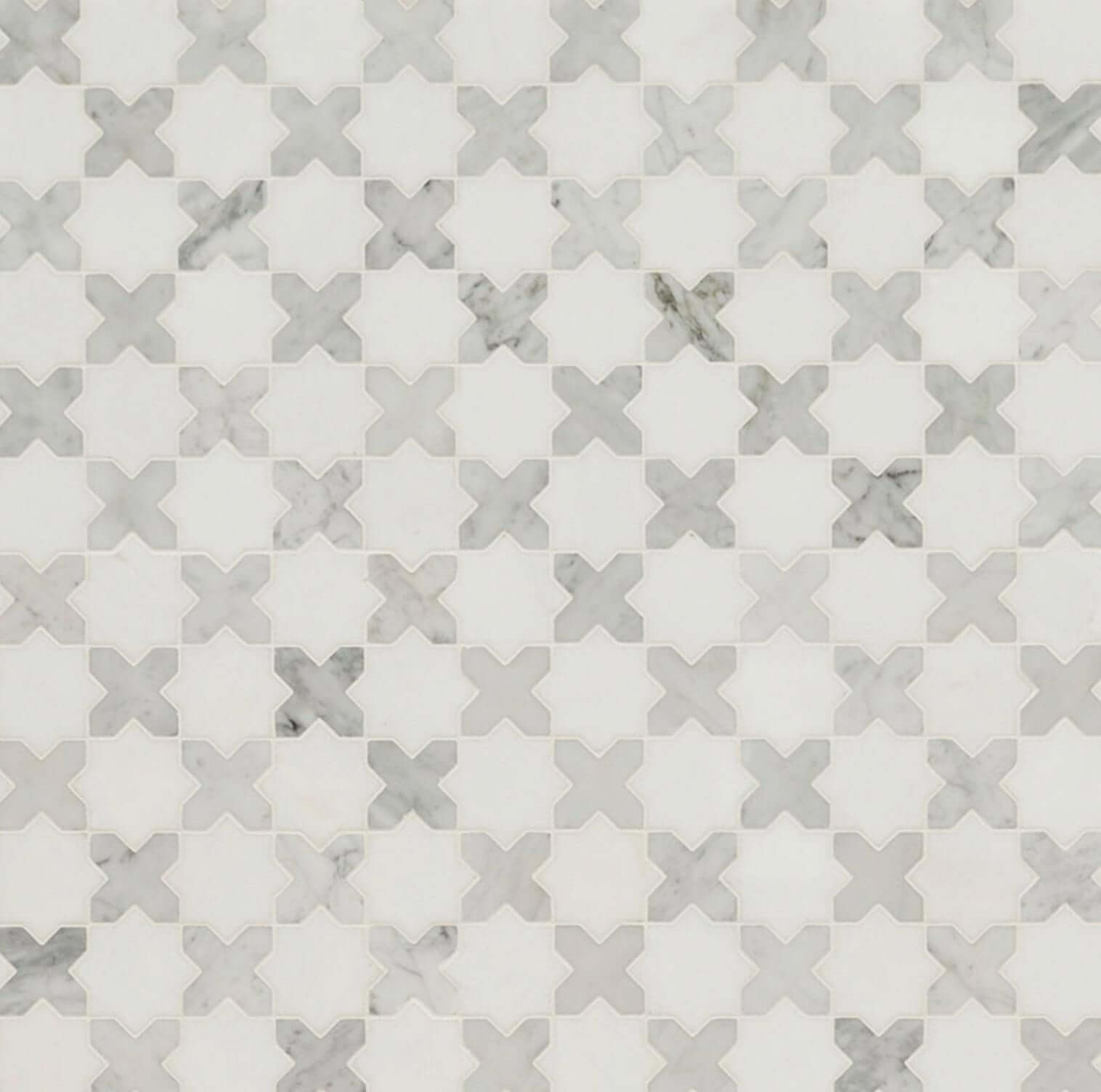 Thassos White + Carrara White Vera Ann Polished Pattern Mosaic Tile 11.81” x 11.81” - Hey Tiles