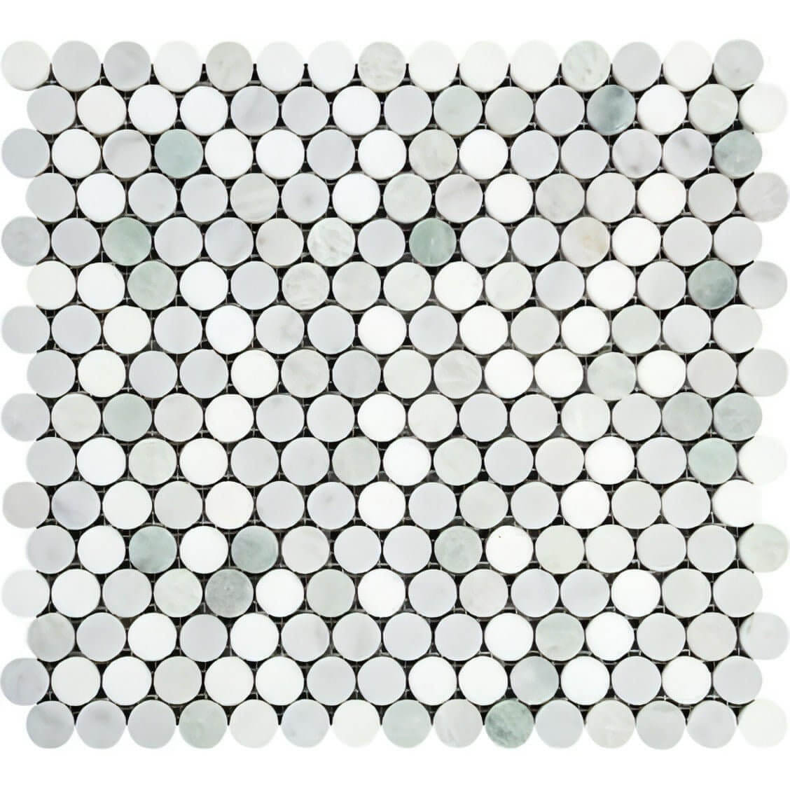 Thassos White + Icelandic Green Marble Penny Round Mosaic Polished / Honed - Hey Tiles