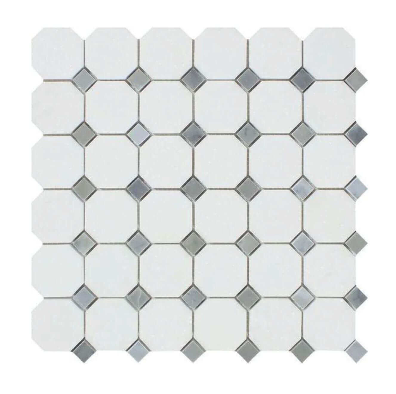 Thassos White Marble + Bardiglio Gray Dots Octagon Honed Mosaic Tile - Hey Tiles