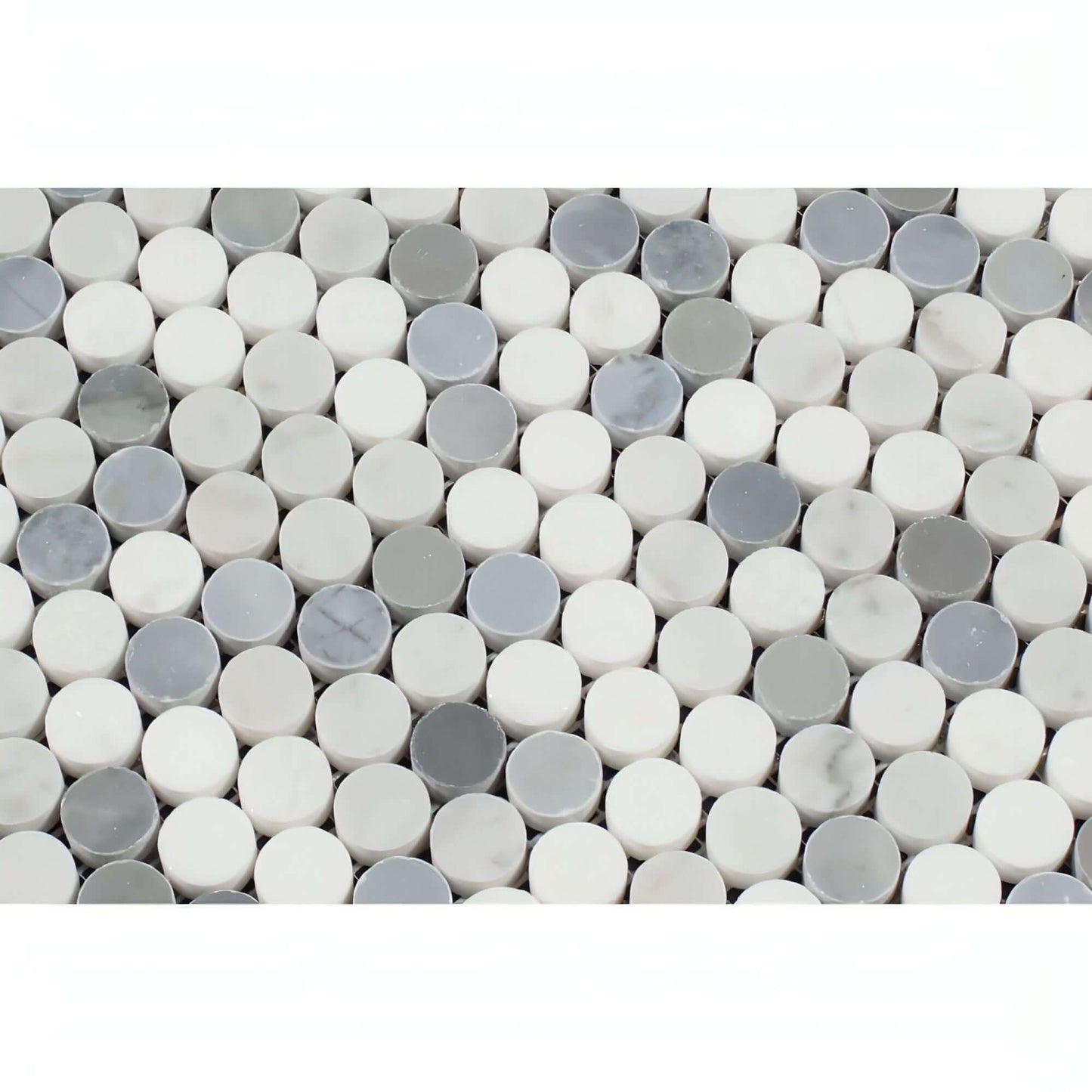 Thassos White Marble Polished Penny Round Mosaic Tile W/ Blue Gray Dots - Hey Tiles