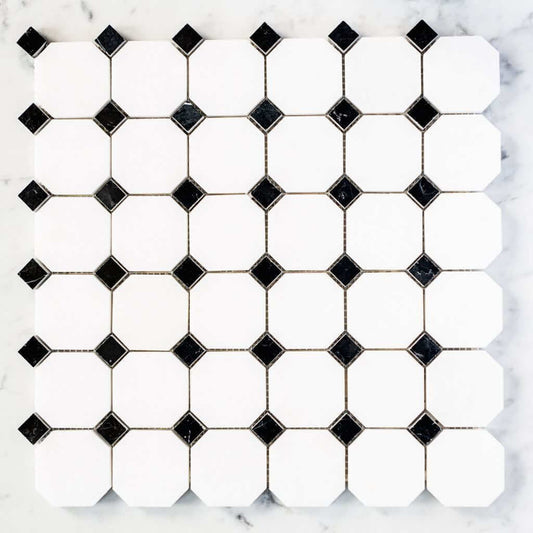 Thassos White + Nero Marquina Marble Octagon Mosaic12X12 - Hey Tiles